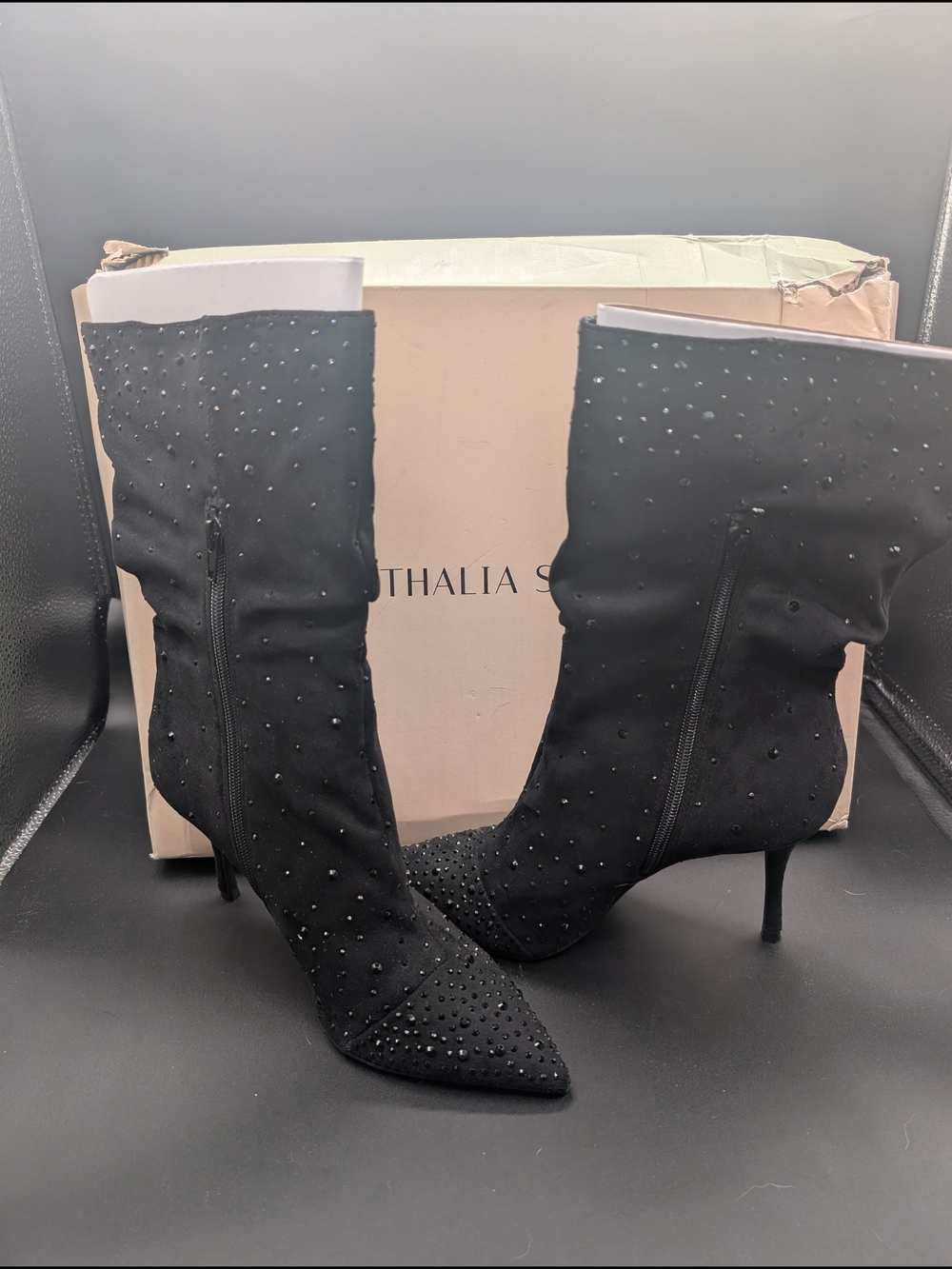 Thalia Sodi Black Embellished Pointed-Toe Stiletto Boots